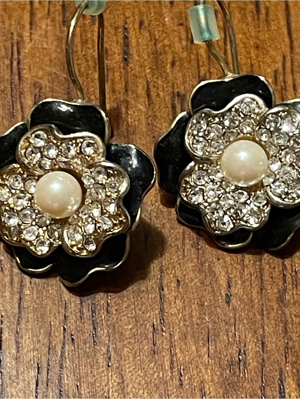 Carolee Black Floral Pearl & Crystal Drop Earrings with Gold Accents